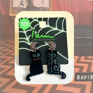 (holiday)🏷️ halloween black felt cat moon earrings with rhinestones & jewels